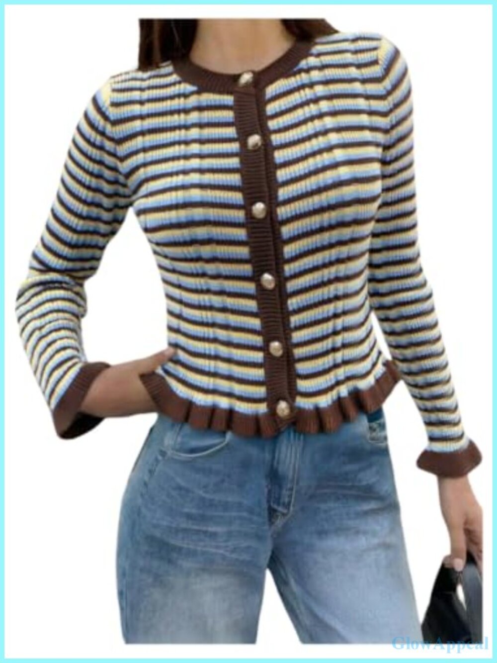 Striped Vintage Cardigan Crew Neck Ruffle Hem Button Front Long Sleeve